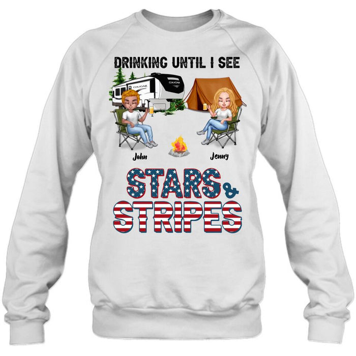 Personalized Camping Friends Shirt - Up to 7 People - Gift Idea For Camping Lover/Friends - Drinking Until I See Stars And Stripes