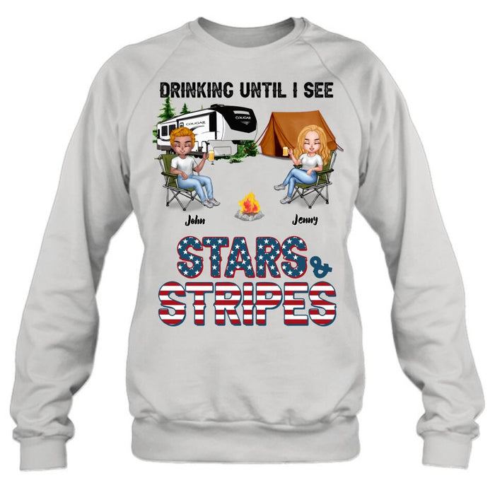 Personalized Camping Friends Shirt - Up to 7 People - Gift Idea For Camping Lover/Friends - Drinking Until I See Stars And Stripes