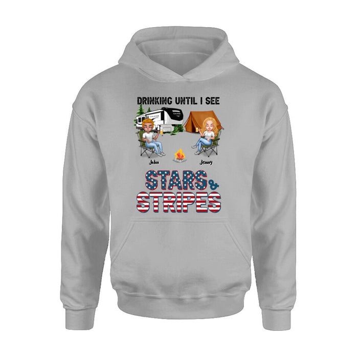 Personalized Camping Friends Shirt - Up to 7 People - Gift Idea For Camping Lover/Friends - Drinking Until I See Stars And Stripes