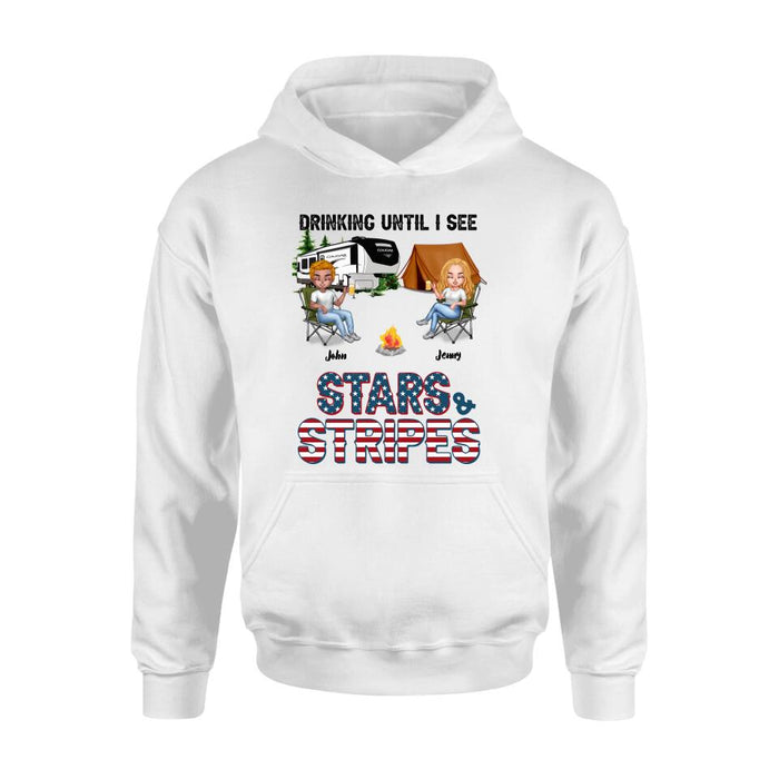 Personalized Camping Friends Shirt - Up to 7 People - Gift Idea For Camping Lover/Friends - Drinking Until I See Stars And Stripes