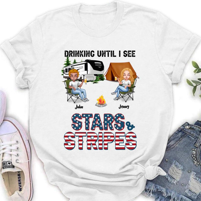 Personalized Camping Friends Shirt - Up to 7 People - Gift Idea For Camping Lover/Friends - Drinking Until I See Stars And Stripes