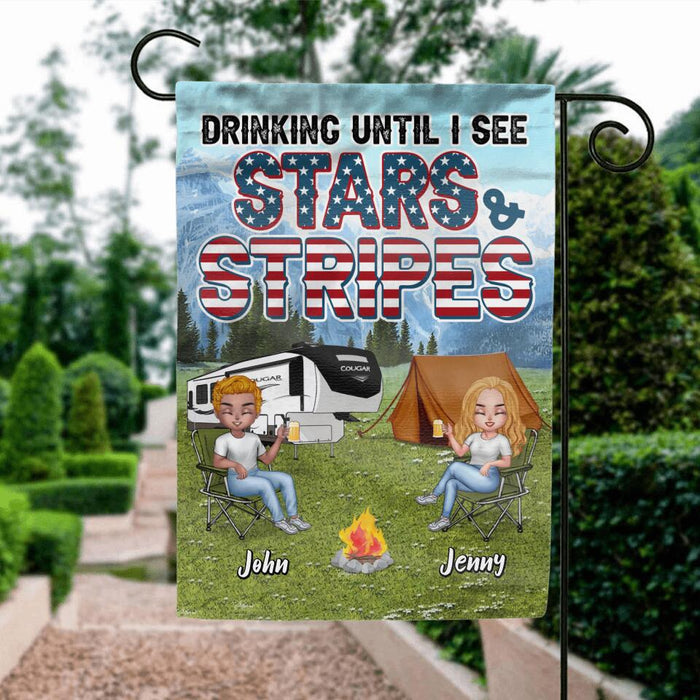 Personalized Camping Friends Flag - Up to 7 People - Gift Idea For Camping Lover/Friends - Drinking Until I See Stars And Stripes