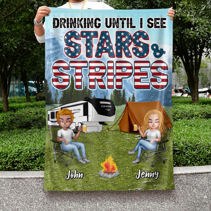 Personalized Camping Friends Flag - Up to 7 People - Gift Idea For Camping Lover/Friends - Drinking Until I See Stars And Stripes