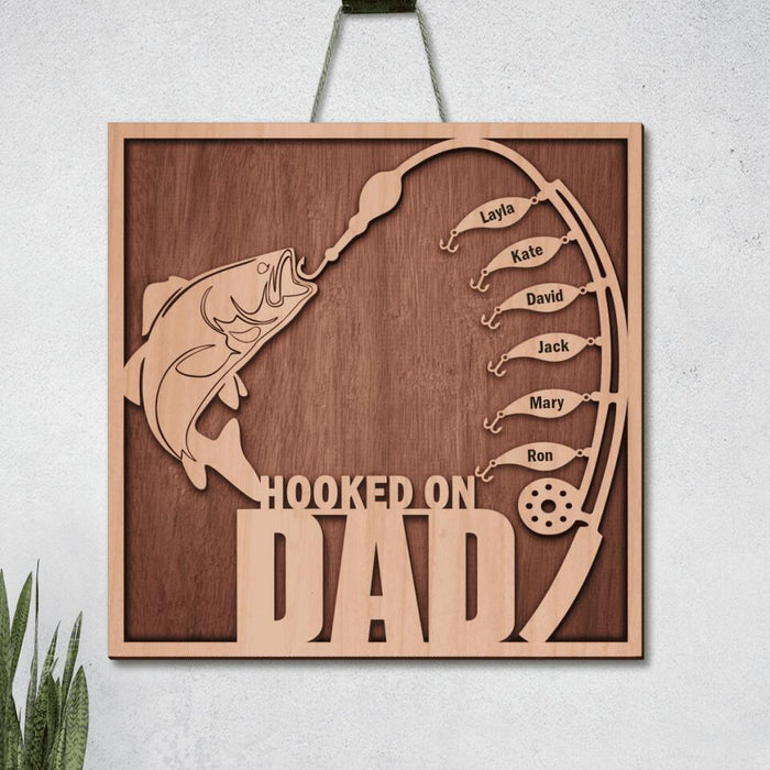 Personalized Hooked On Dad Square Wooden Sign - Gift Idea From Kids to Dad with 6 Kids - Happy Father's Day
