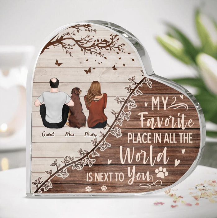 Personalized Couple Sitting With Dogs Back View Crystal Heart - Up to 4 Dogs - Gift Idea For Couple/Dog Lovers - My Favorite Place In All The World Is Next To You