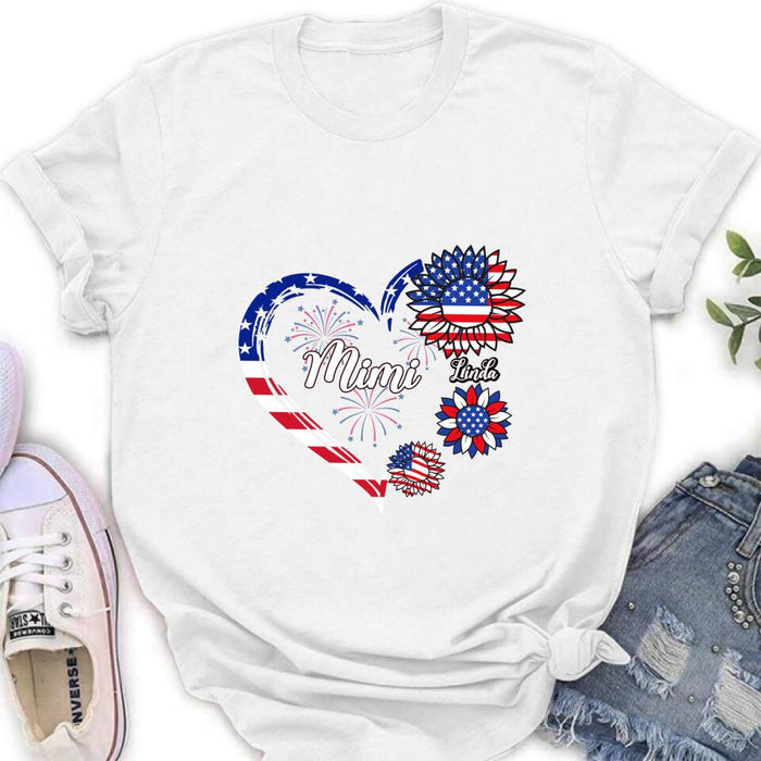 Personalized Grandma T-shirt/Hoodie - Gift Idea For Grandma - Up To 10 Kids - Firework With Sunflower US Flag Funny Kids