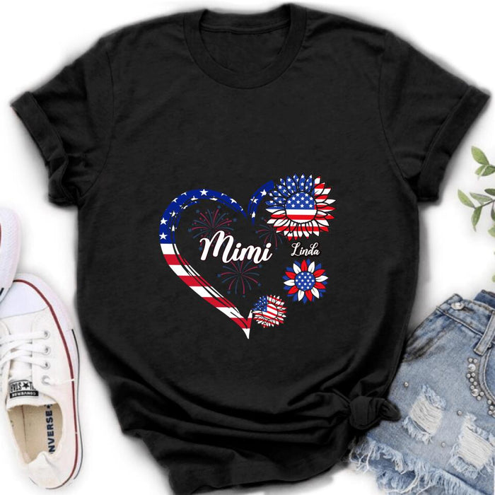 Personalized Grandma T-shirt/Hoodie - Gift Idea For Grandma - Up To 10 Kids - Firework With Sunflower US Flag Funny Kids