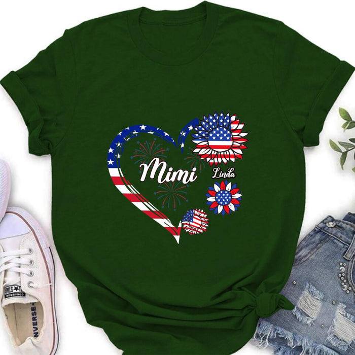 Personalized Grandma T-shirt/Hoodie - Gift Idea For Grandma - Up To 10 Kids - Firework With Sunflower US Flag Funny Kids