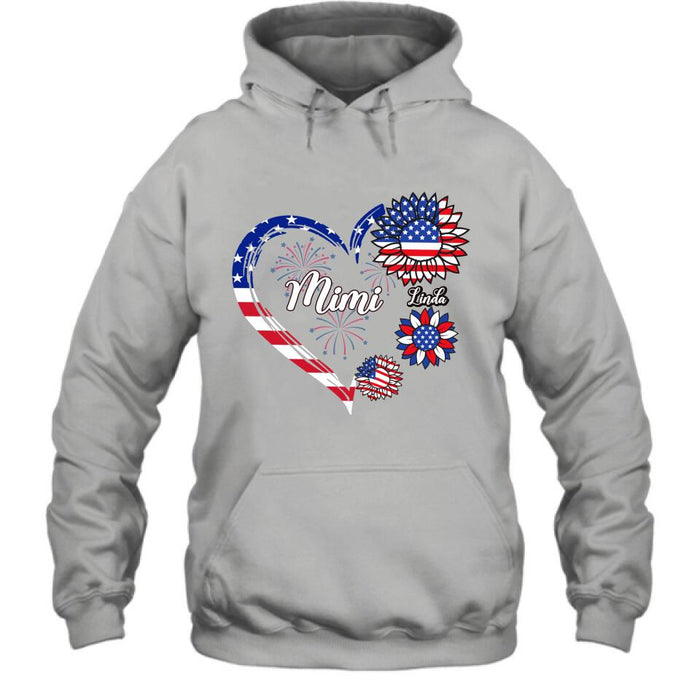 Personalized Grandma T-shirt/Hoodie - Gift Idea For Grandma - Up To 10 Kids - Firework With Sunflower US Flag Funny Kids