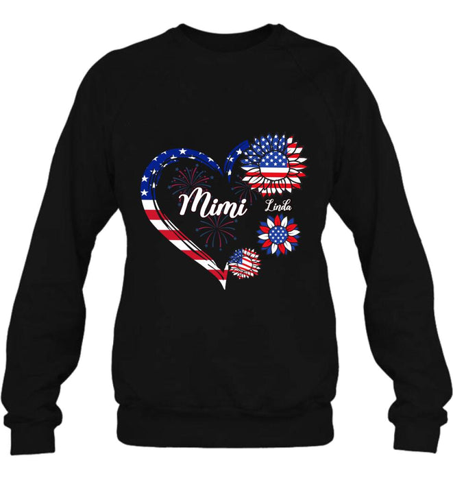 Personalized Grandma T-shirt/Hoodie - Gift Idea For Grandma - Up To 10 Kids - Firework With Sunflower US Flag Funny Kids