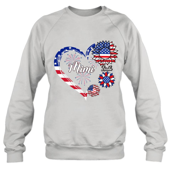 Personalized Grandma T-shirt/Hoodie - Gift Idea For Grandma - Up To 10 Kids - Firework With Sunflower US Flag Funny Kids