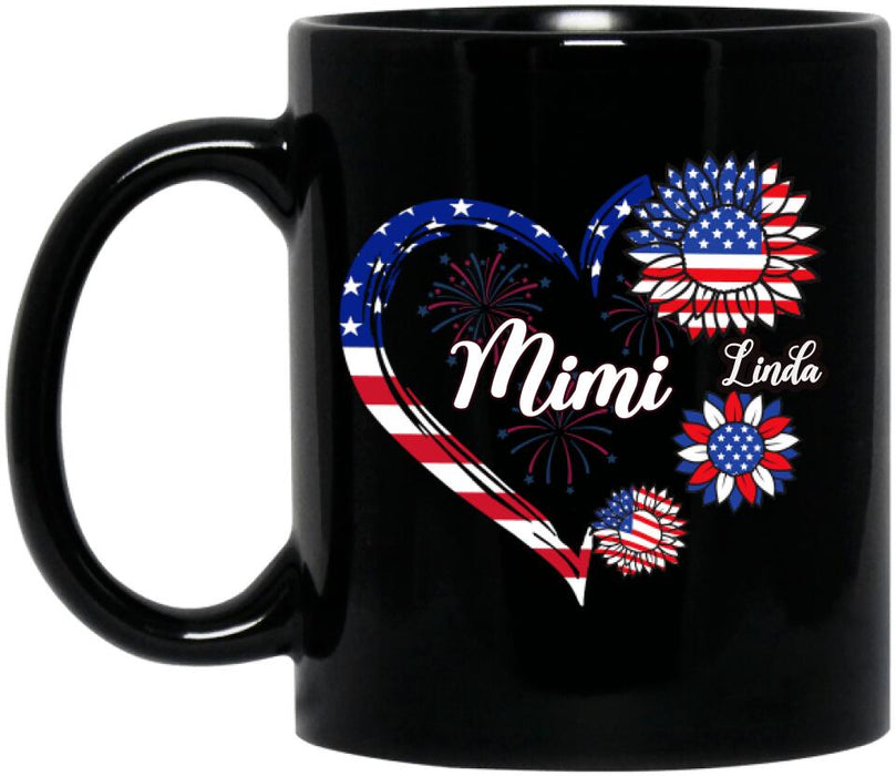 Personalized Grandma Coffee Mug - Gift Idea For Grandma - Up To 10 Kids - Firework With Sunflower US Flag Funny Kids