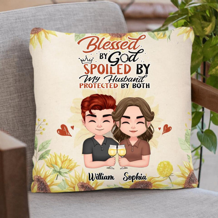 Personalized Chibi Couple Pillow Cover - Gift Idea For Couple - Blessed By God, Spoiled By My Husband, Protected By Both