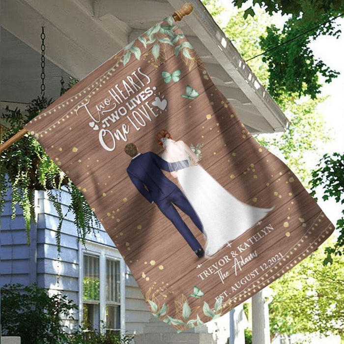 Personalized Couple Wedding Flag Sign - Gift Idea For Couple/Wedding/Wedding Anniversary - Two Hearts, Two Lives, One Love