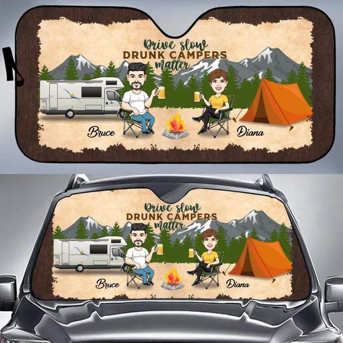 Personalized Camping Couple Windshield Sunshade - Gift Idea For Couple/Camping Lovers - Drive Slow Drunk Campers Matter