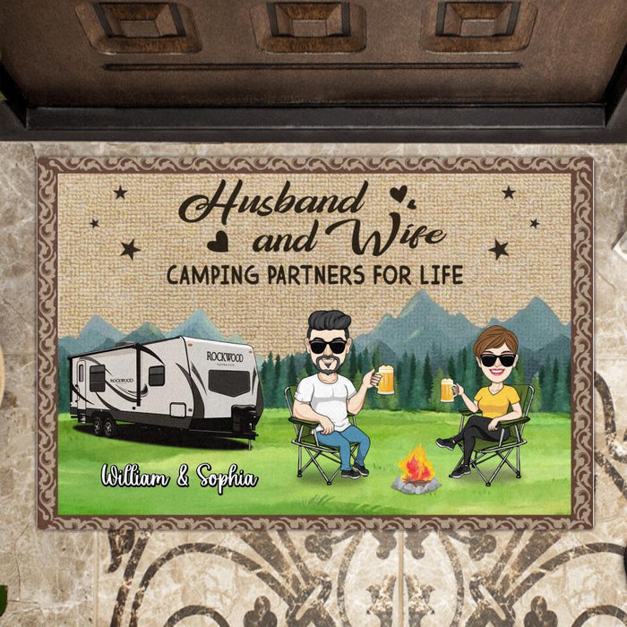 Personalized Camping Couple With Dogs Doormat - Gift Idea For Couple/Camping/Dog Lovers - Husband And Wife Camping Partners For Life