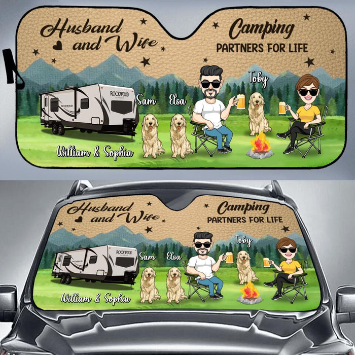 Personalized Camping Couple With Dogs Windshield Sunshade - Gift Idea For Couple/Camping/Dog Lovers - Husband And Wife Camping Partners For Life
