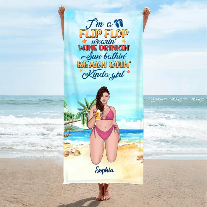Personalized Beach Girl Beach Towel - Gift Idea For Beach Girls/Beach Lovers - I'm A Flip Flop Wearin' Wine Drinkin' Sun Bathin' Beach Goin' Kinda Girl