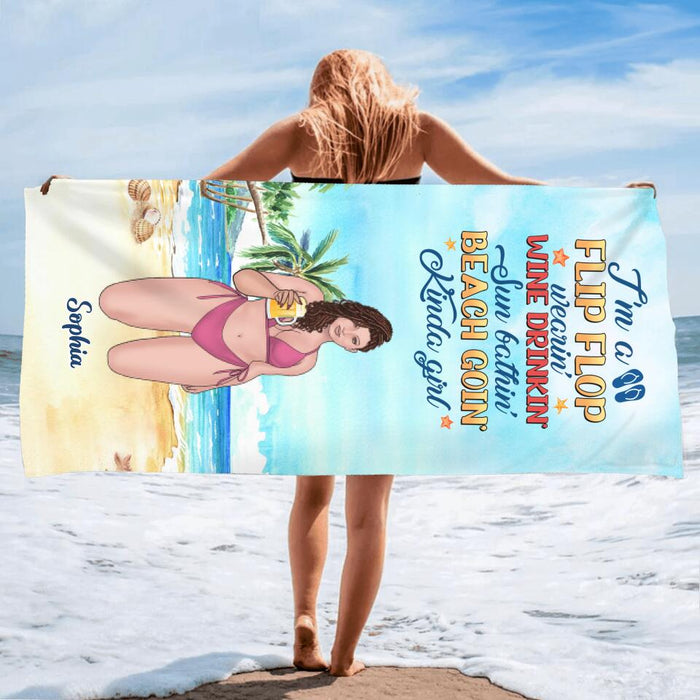 Personalized Beach Girl Beach Towel - Gift Idea For Beach Girls/Beach Lovers - I'm A Flip Flop Wearin' Wine Drinkin' Sun Bathin' Beach Goin' Kinda Girl
