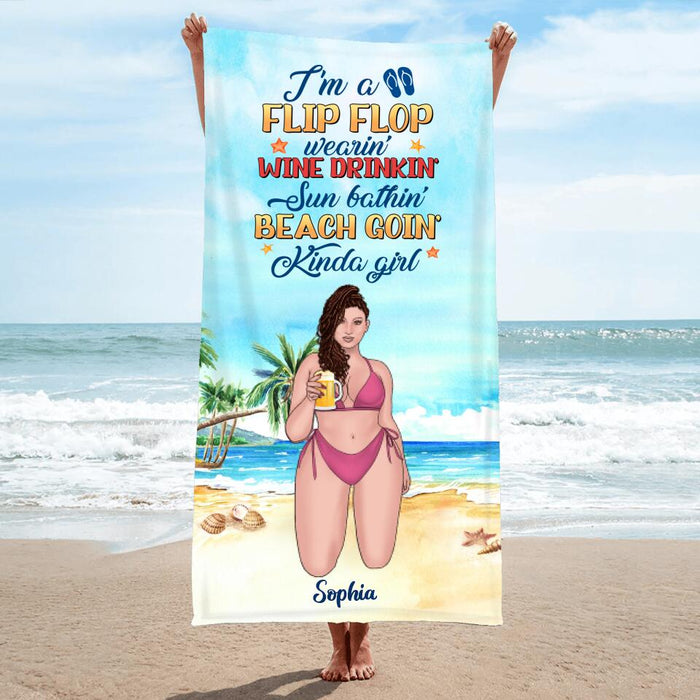 Personalized Beach Girl Beach Towel - Gift Idea For Beach Girls/Beach Lovers - I'm A Flip Flop Wearin' Wine Drinkin' Sun Bathin' Beach Goin' Kinda Girl