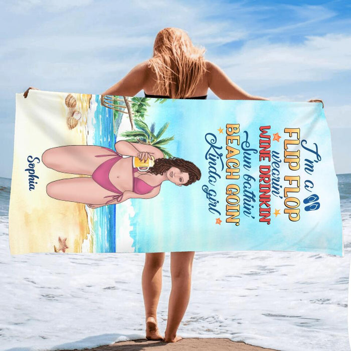 Personalized Beach Girl Beach Towel - Gift Idea For Beach Girls/Beach Lovers - I'm A Flip Flop Wearin' Wine Drinkin' Sun Bathin' Beach Goin' Kinda Girl