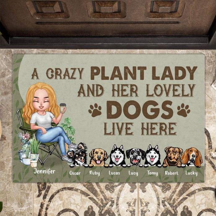 Personalized Garden Doormat - Up to 7 Pets - Funny Gardening Gift For Dog/Cat Lover - A Crazy Plant Lady And Her Lovely Dogs Live Here
