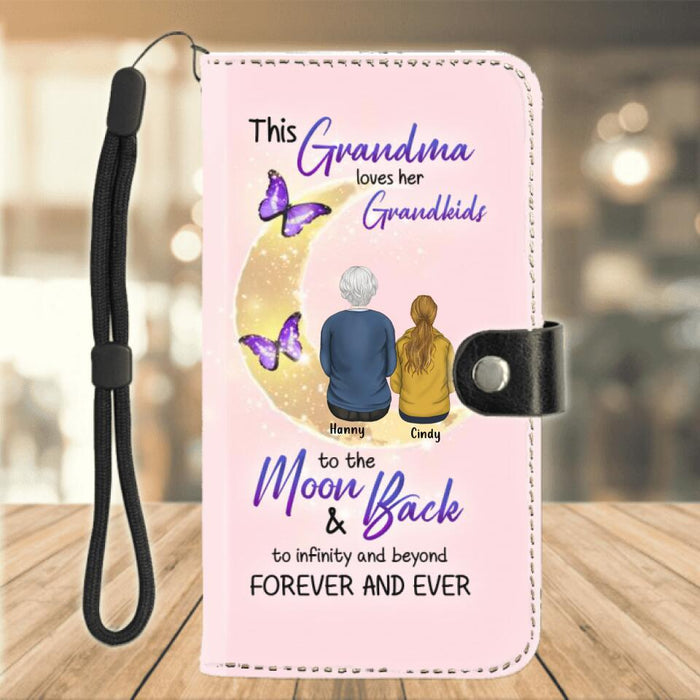 Personalized Grandma Flip Leather Purse - Up to 3 Kids - This Grandma Loves Her Grandkids To The Moon And Back