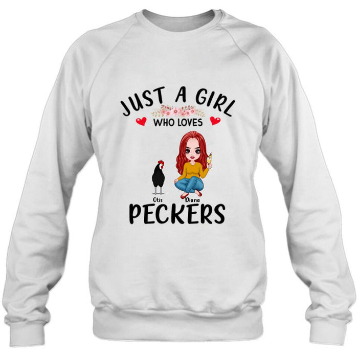 Personalized Chickens T-Shirt - Up to 4 Chickens - Just A Girl Who Loves Peckers