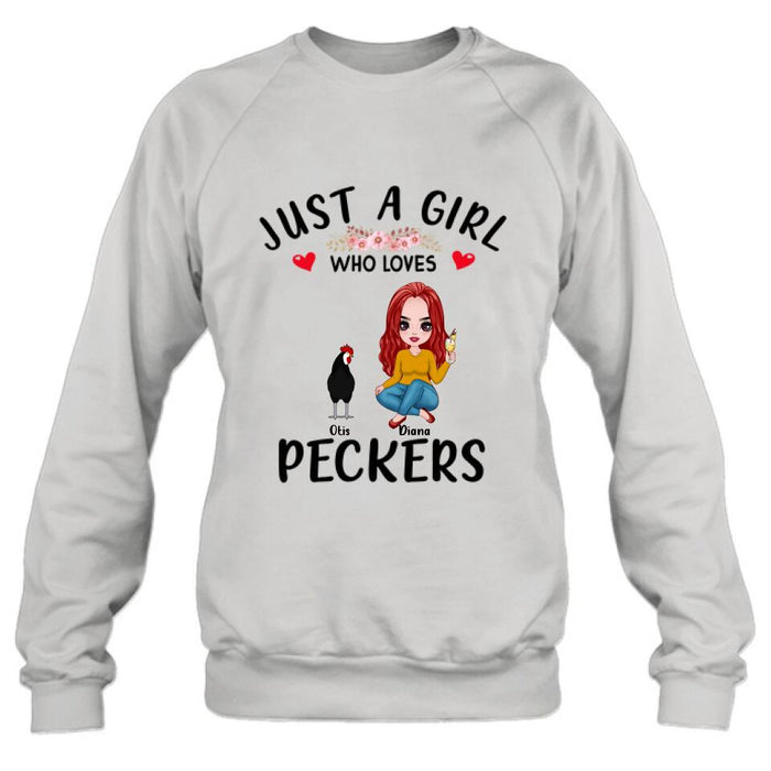 Personalized Chickens T-Shirt - Up to 4 Chickens - Just A Girl Who Loves Peckers