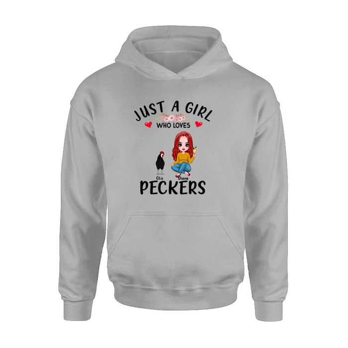 Personalized Chickens T-Shirt - Up to 4 Chickens - Just A Girl Who Loves Peckers