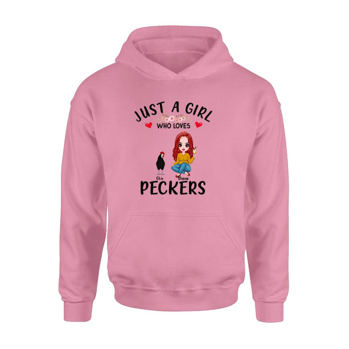 Personalized Chickens T-Shirt - Up to 4 Chickens - Just A Girl Who Loves Peckers