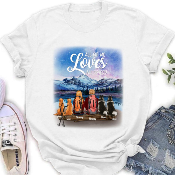 Personalized Camping T-shirt/Long Sleeve - Gift for Couples, Camping Lovers, Dog Lovers - Camping Couple and Dogs - Up to 4 Dogs - All of me loves all of you