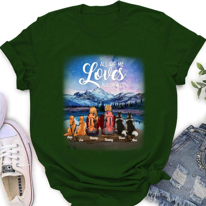 Personalized Camping T-shirt/Long Sleeve - Gift for Couples, Camping Lovers, Dog Lovers - Camping Couple and Dogs - Up to 4 Dogs - All of me loves all of you