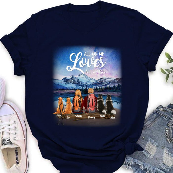 Personalized Camping T-shirt/Long Sleeve - Gift for Couples, Camping Lovers, Dog Lovers - Camping Couple and Dogs - Up to 4 Dogs - All of me loves all of you