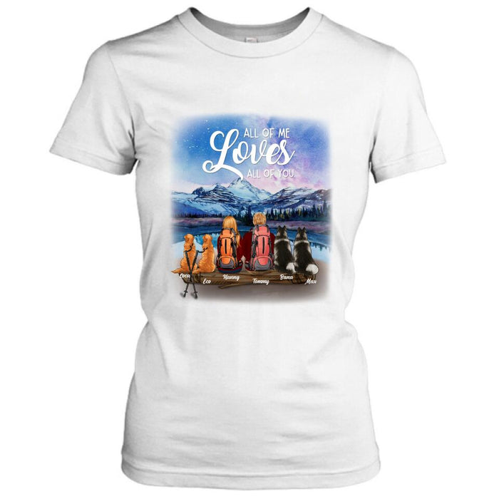 Personalized Camping T-shirt/Long Sleeve - Gift for Couples, Camping Lovers, Dog Lovers - Camping Couple and Dogs - Up to 4 Dogs - All of me loves all of you
