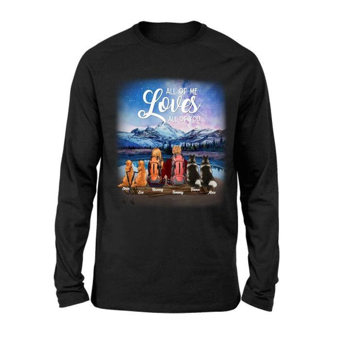 Personalized Camping T-shirt/Long Sleeve - Gift for Couples, Camping Lovers, Dog Lovers - Camping Couple and Dogs - Up to 4 Dogs - All of me loves all of you