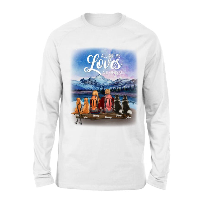 Personalized Camping T-shirt/Long Sleeve - Gift for Couples, Camping Lovers, Dog Lovers - Camping Couple and Dogs - Up to 4 Dogs - All of me loves all of you