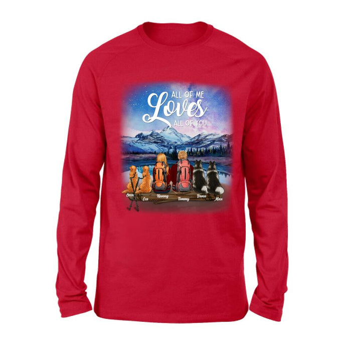 Personalized Camping T-shirt/Long Sleeve - Gift for Couples, Camping Lovers, Dog Lovers - Camping Couple and Dogs - Up to 4 Dogs - All of me loves all of you