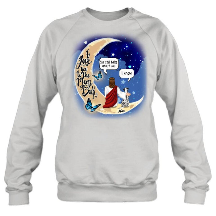 Personalized Memorial God & Dog/Cat Sitting On Moon T-Shirt/Sweatshirt/Pullover Hoodie- Up to 5 Pets - Memorial Gift For Dog/Cat Lover
