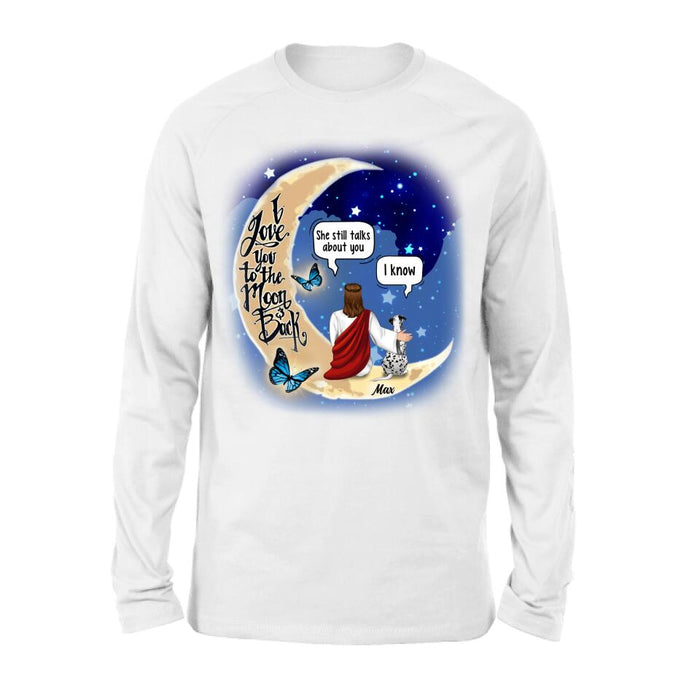 Personalized Memorial God & Dog/Cat Sitting On Moon T-Shirt/Sweatshirt/Pullover Hoodie- Up to 5 Pets - Memorial Gift For Dog/Cat Lover
