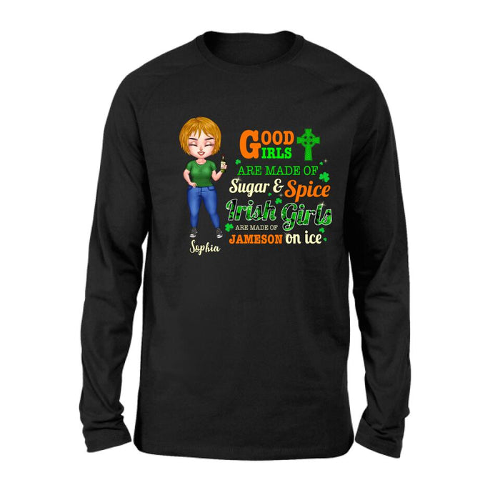 Personalized Irish Girl Chibi Shirt/Pullover Hoodie/Sweatshirt/Long Sleeve - Gift Idea For St Patrick's Day - Irish Girls Are Made Of Jameson On Ice