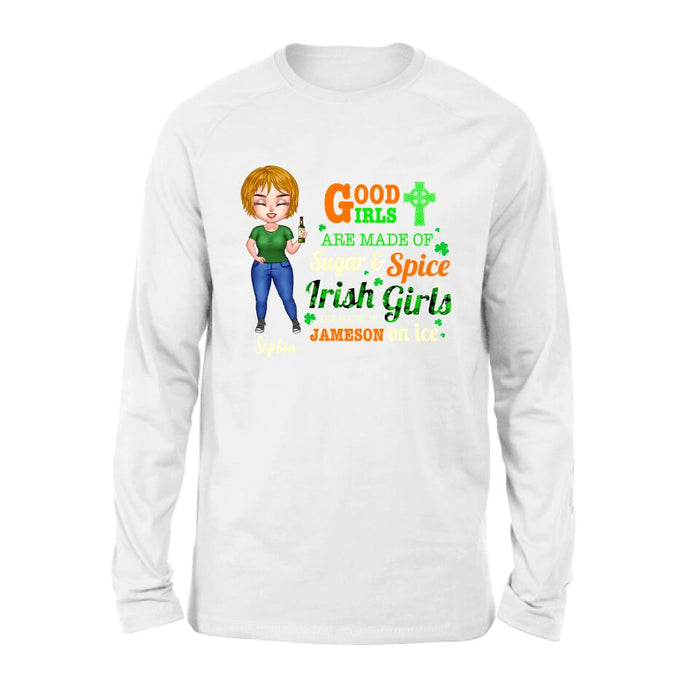 Personalized Irish Girl Chibi Shirt/Pullover Hoodie/Sweatshirt/Long Sleeve - Gift Idea For St Patrick's Day - Irish Girls Are Made Of Jameson On Ice