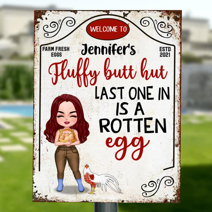 Personalized Chicken Metal Sign - Up to 7 Chickens - Gift Idea For Chicken Lover/Couple - Fluffy Butt Hut Last One In Is A Rotten Egg