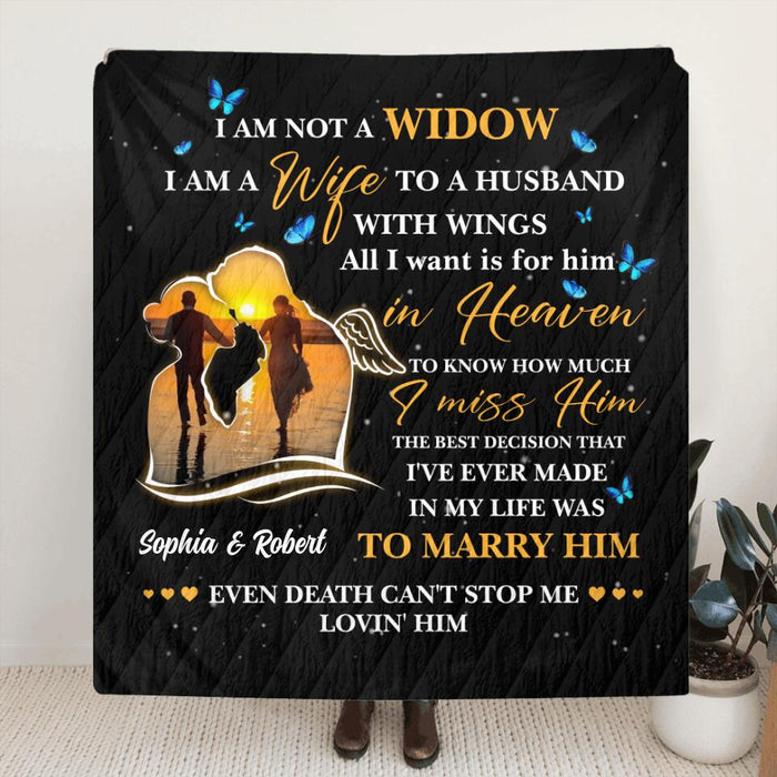 Personalized Couple Quilt/Fleece Blanket/Pillow Cover - Memorial Gift Idea For Couple - I Am A Wife To A Husband With Wings