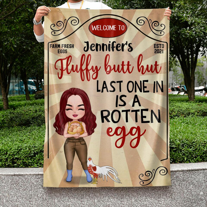Personalized Chicken Flag - Up to 7 Chickens - Gift Idea For Chicken Lover/Couple - Fluffy Butt Hut Last One In Is A Rotten Egg