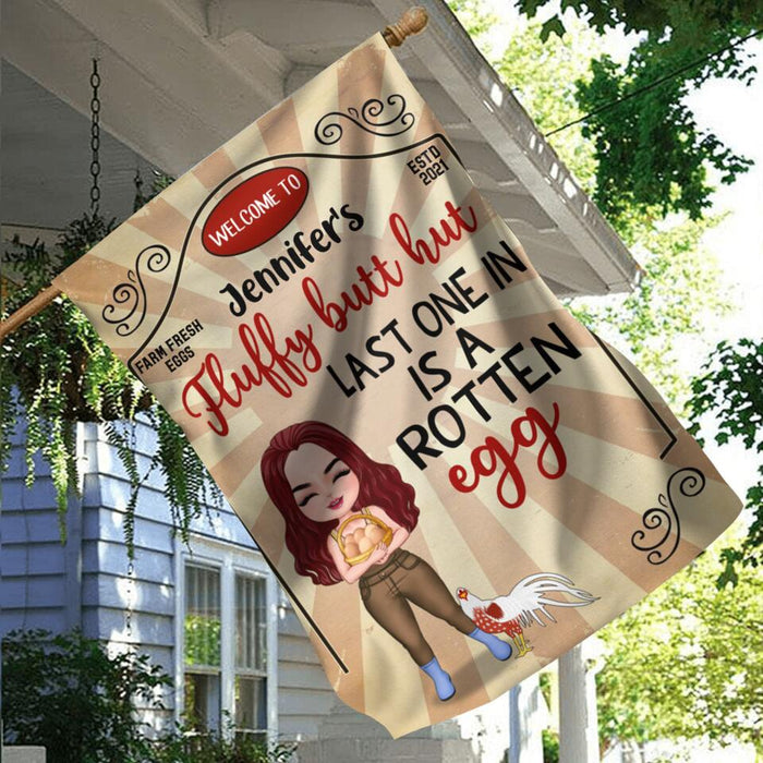 Personalized Chicken Flag - Up to 7 Chickens - Gift Idea For Chicken Lover/Couple - Fluffy Butt Hut Last One In Is A Rotten Egg
