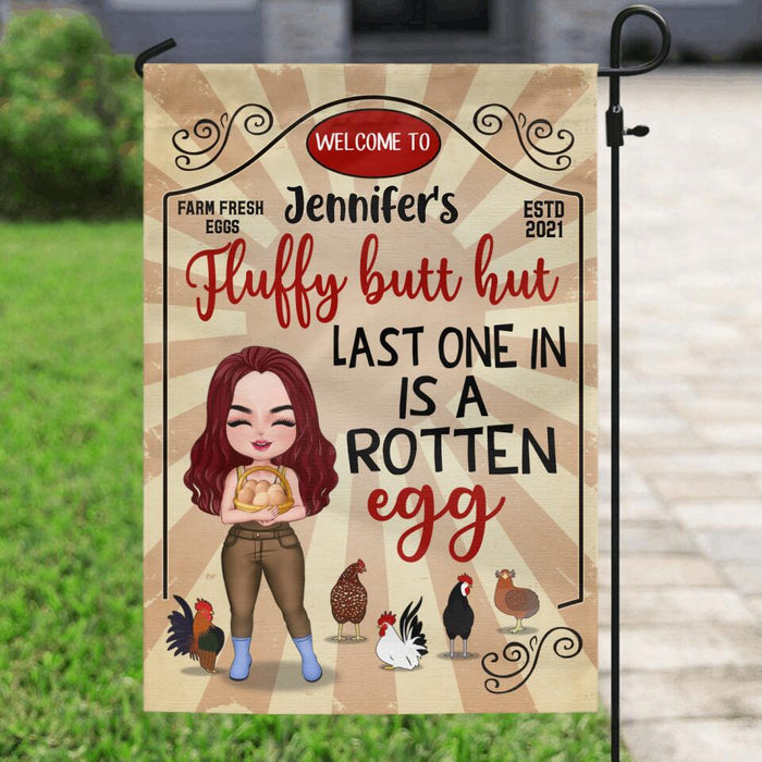 Personalized Chicken Flag - Gift Idea For Chicken Lover/Couple - Fluffy Butt Hut Last One In Is A Rotten Egg