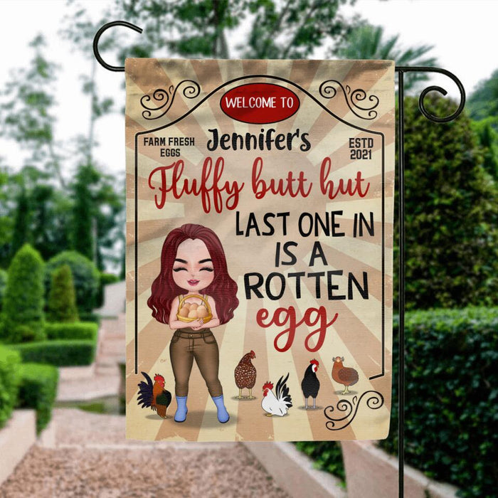 Personalized Chicken Flag - Gift Idea For Chicken Lover/Couple - Fluffy Butt Hut Last One In Is A Rotten Egg