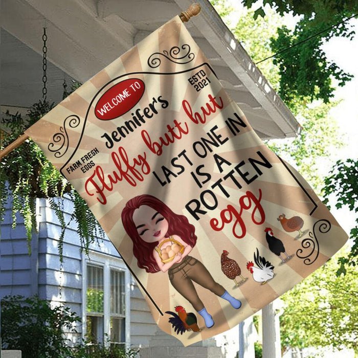 Personalized Chicken Flag - Gift Idea For Chicken Lover/Couple - Fluffy Butt Hut Last One In Is A Rotten Egg