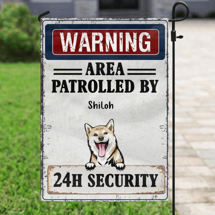Personalized Warning Dog Flag Sign - Gift Idea For Dog Lovers - Up To 5 Dogs - Warning Area Patrolled By 24h Security